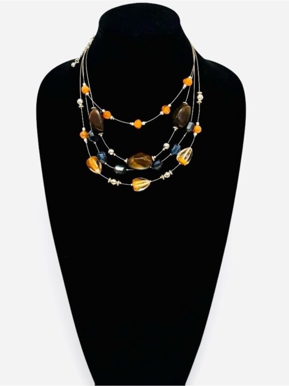 Chico's Navy Orange Floating Stone Layered Bib Necklace NWOT